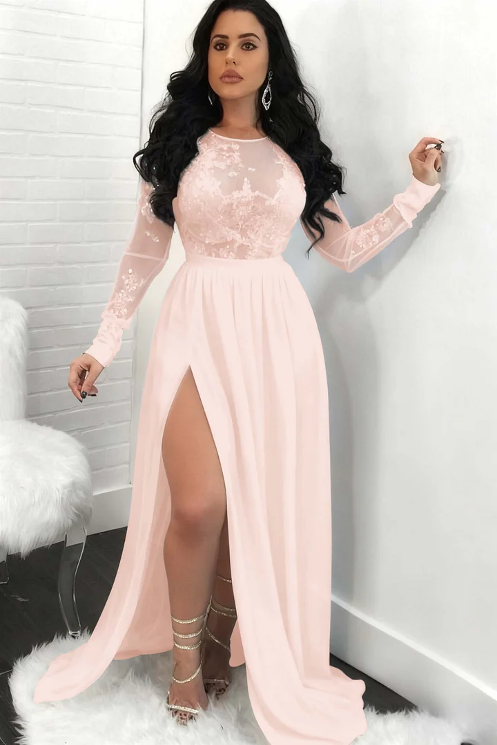 Sequins Long Sleeves Prom Dress With Slit PD050