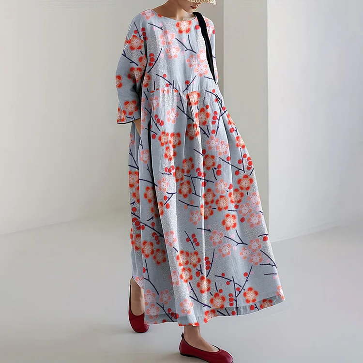 VChics Cherry Blossom Print Round Neck Long Sleeve Casual Midi Dress