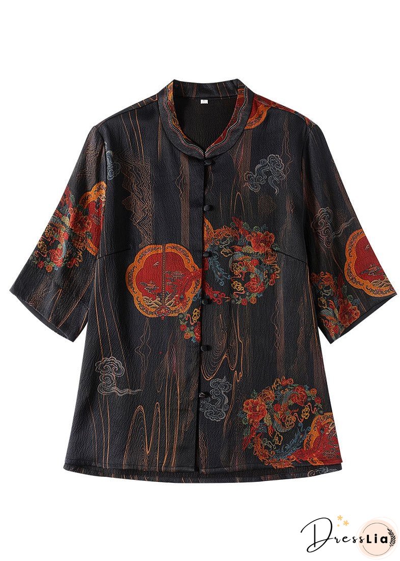 Unique Black Floral Peter Pan Collar Print Button Silk Shirt Half Sleeve