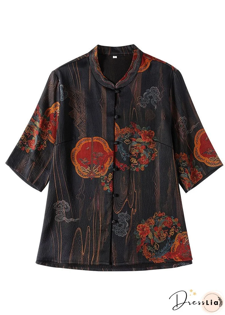 Unique Black Floral Peter Pan Collar Print Button Silk Shirt Half Sleeve