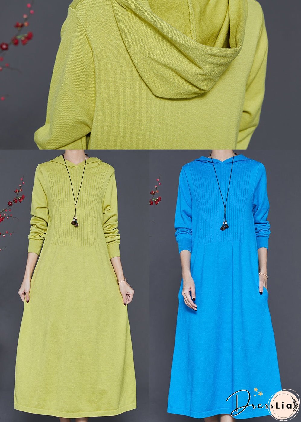Grass Green Silm Fit Knit Dresses Hooded Spring