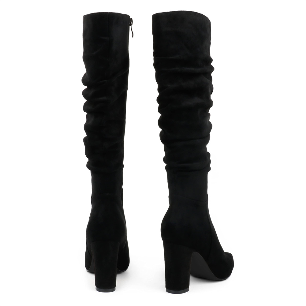 3.35" Women's Knee Boots Chunky Heels Zipper Fashion Sexy Suede Slouchy Boot-MERUMOTE