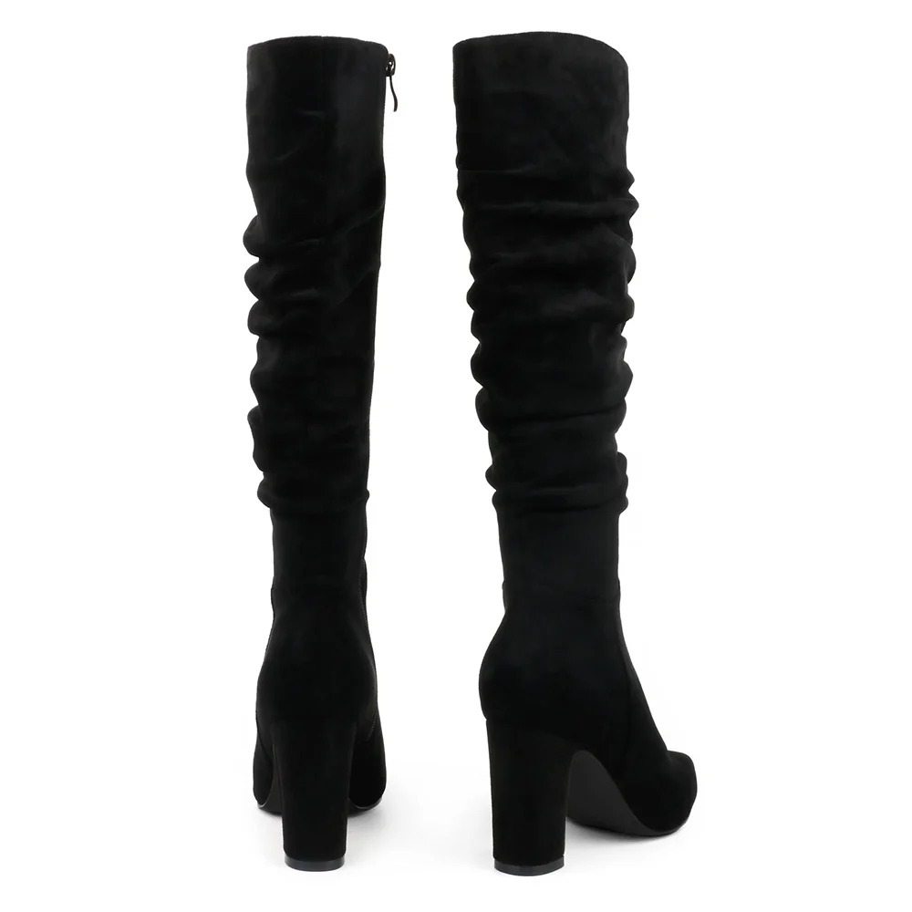 3.35" Women's Knee Boots Chunky Heels Zipper Fashion Sexy Suede Slouchy Boot-MERUMOTE