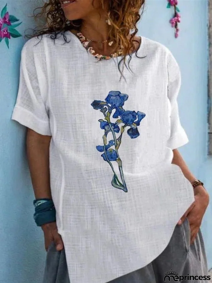 Women's T-Shirts Round Neck Floral Print Short Sleeve T-Shirt