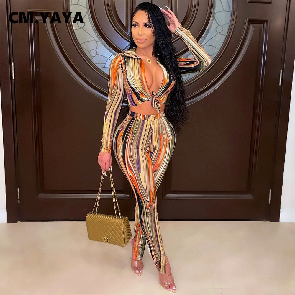 CM.YAYA Spring Winter Wave Striped Women Two 2 Piece Set Outfits Tie Up Mini Shirts and Legging Pants Set Street Sport Tracksuit