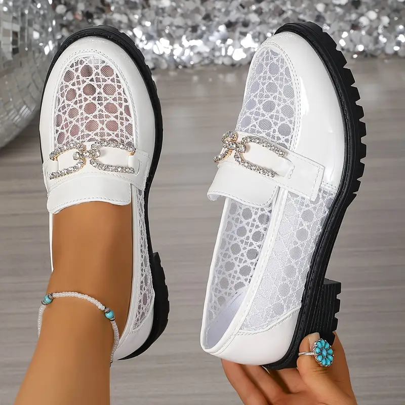 Oddychające mokasyny z siatki dla kobiet w kratę i akcenci KryszTałowie - buty preppy ze Stroczoną podszwą do pracy co dzień, czarne i biele, urokze sznurowane loaferki, wiścienie z tkaniny 0