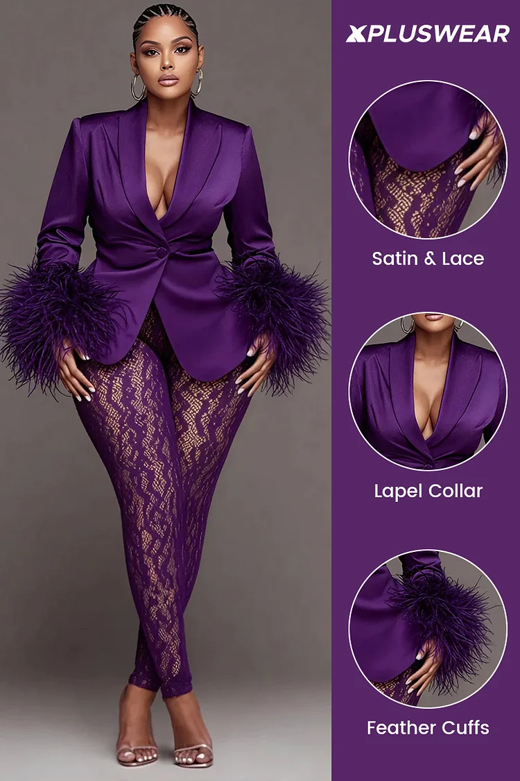 Xpluswear Design Plus Size Mardi Gras Lace Purple Lapel Collar Long Sleeve Feather See Through Satin Two Piece Pant Suits [Pre-Order]