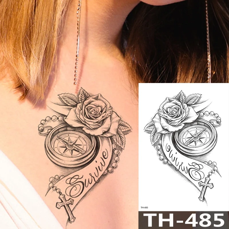 Rose Peony Flower Girls Temporary Tattoos For Women Waterproof Black Tattoo Stickers 3D Blossom Lady Shoulder DIY Tatoos