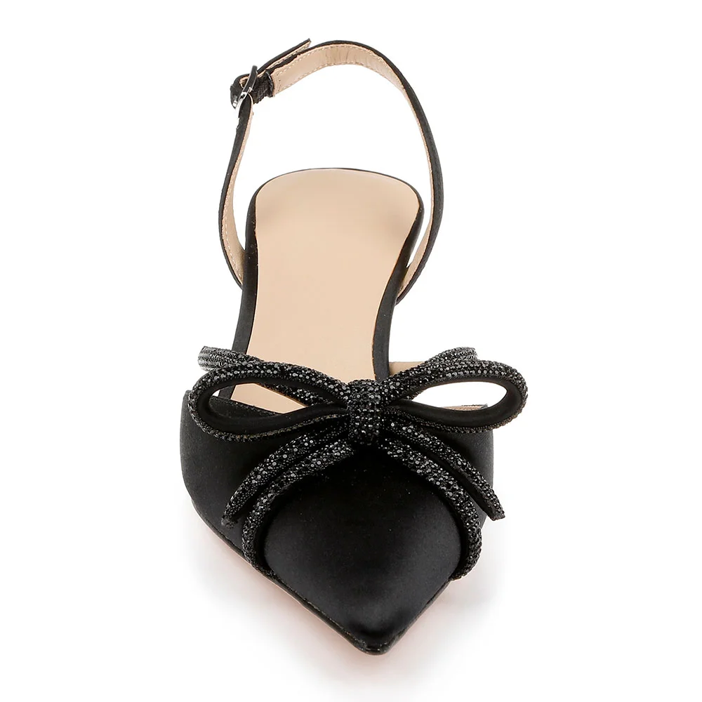 Stylish Black Satin Pointed Toe Jeweled Bow Slingback Kitten Heels