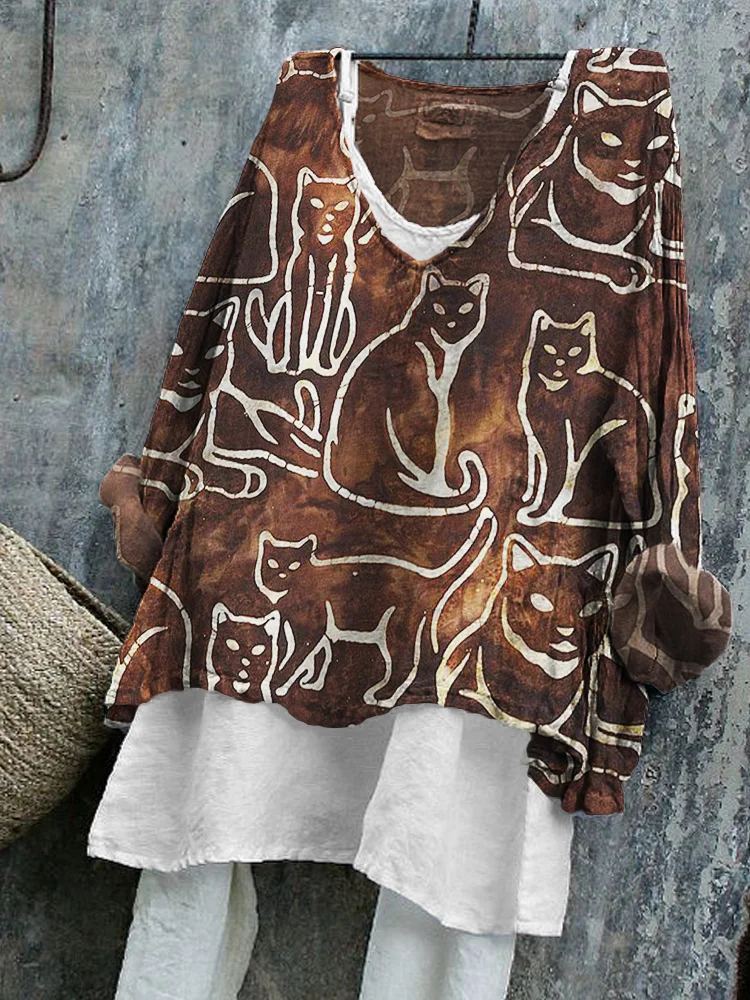 Cats Earthy Natural Block Print Linen Tunic