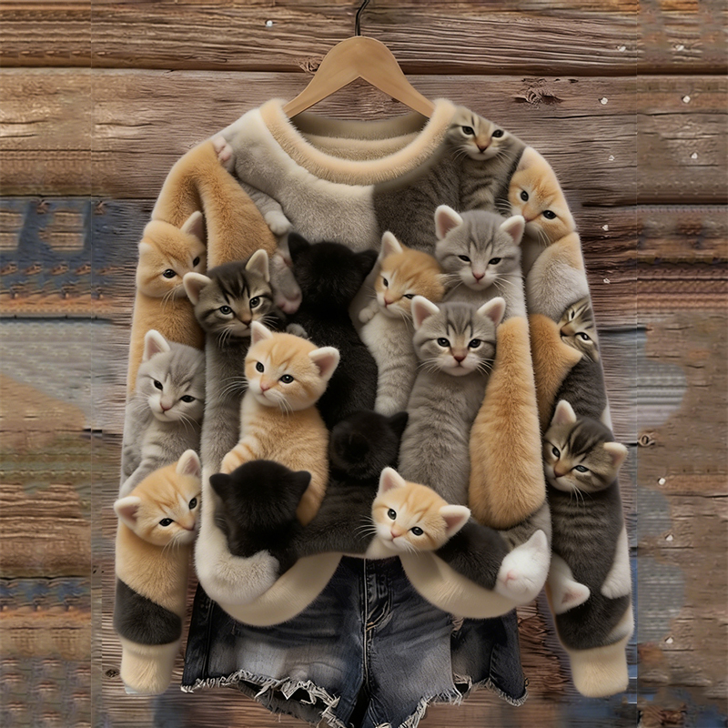 Lovely Crowded Cats Felt Art Cozy Plush Sweatshirt wearshes