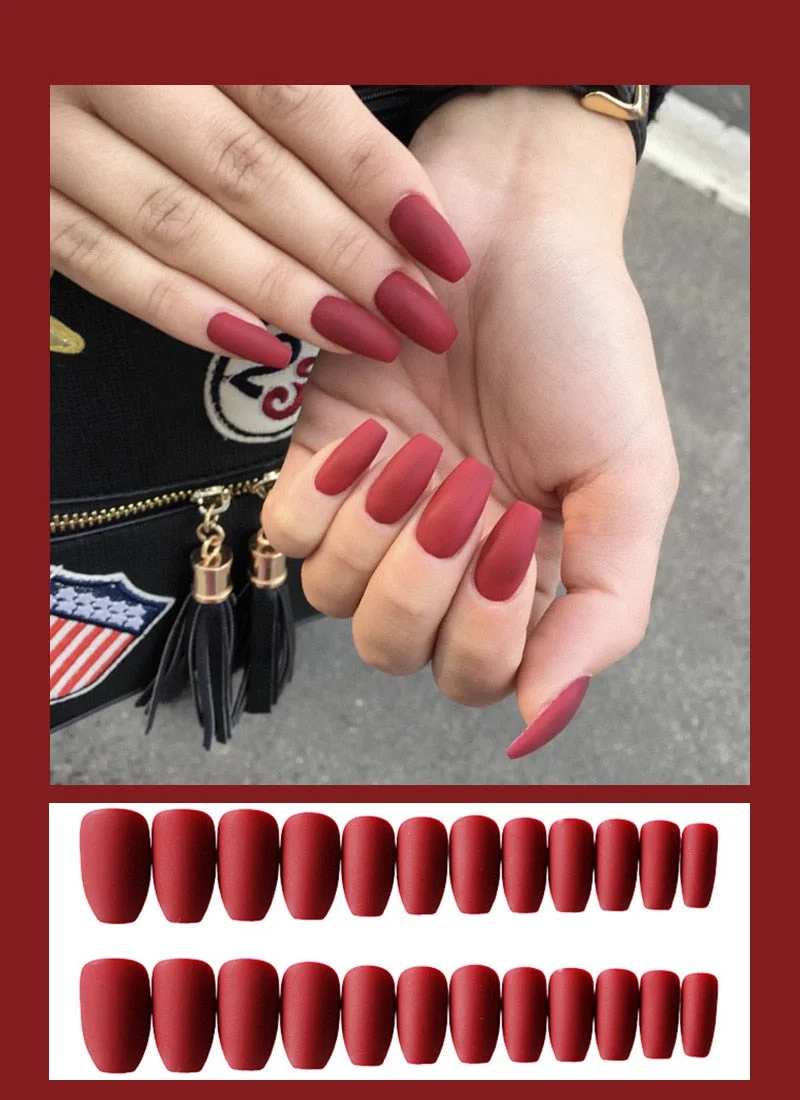 24pcs Solid  Reusable Detachable Fake Matte Tips Press On Nail Medium Long Flat Fully Paste Into False  Nails Art Manicure-Nail Inspo