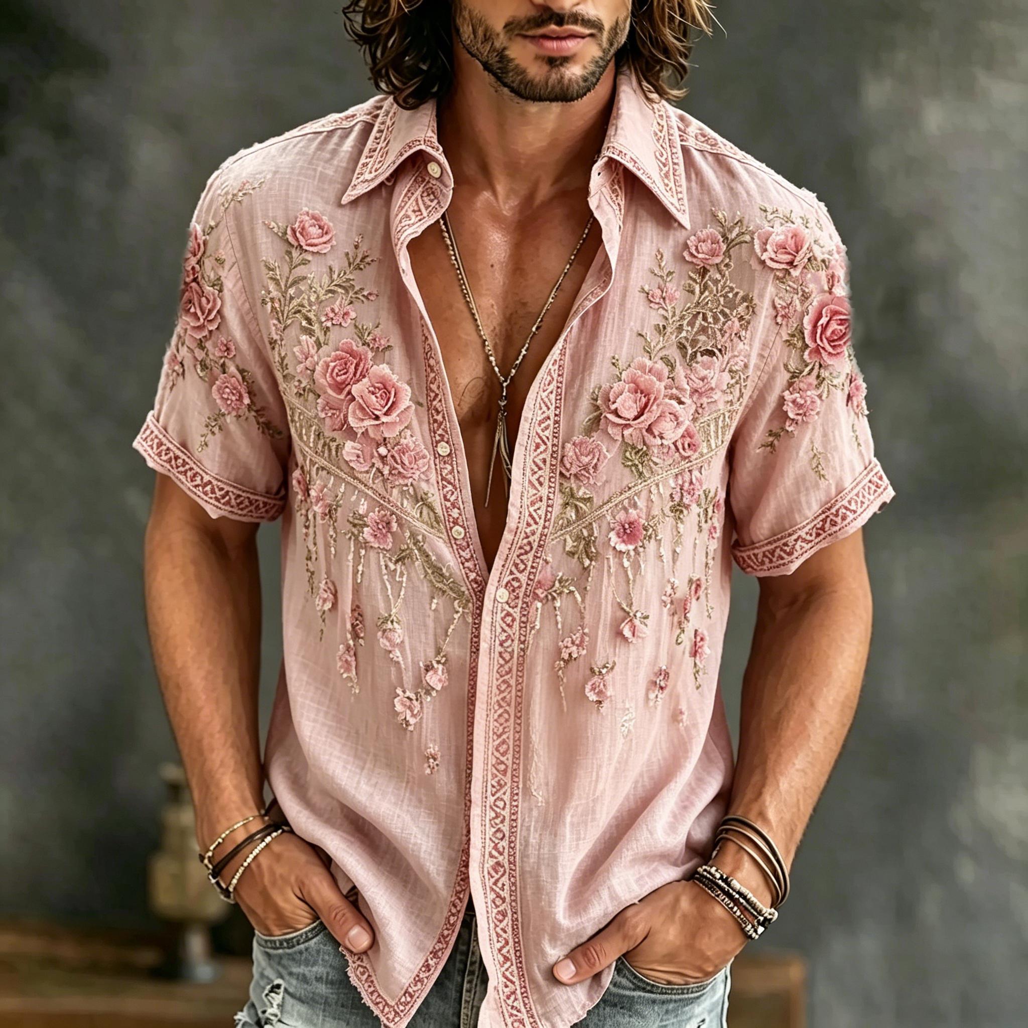 Men's Vintage Spring Summer Floral  Embroidered Art Print Flowy Linen Blend Short Sleeve Shirt  artssus