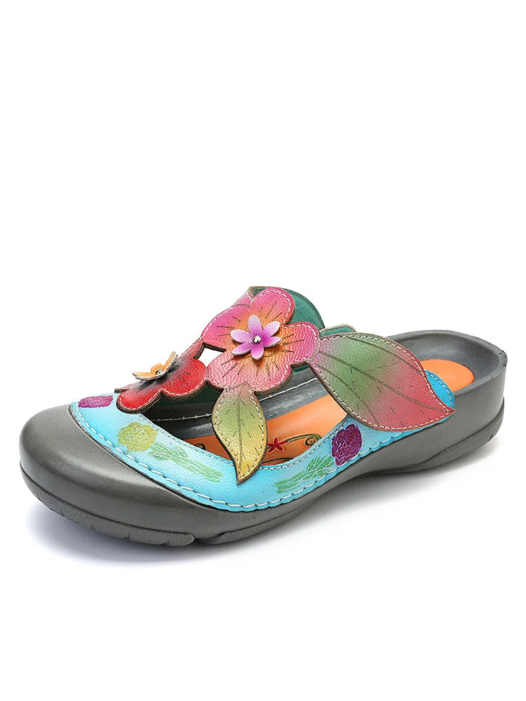 2023 New Leather Vintage Flower Pattern Comfortable Soft Flat Casual Sandals