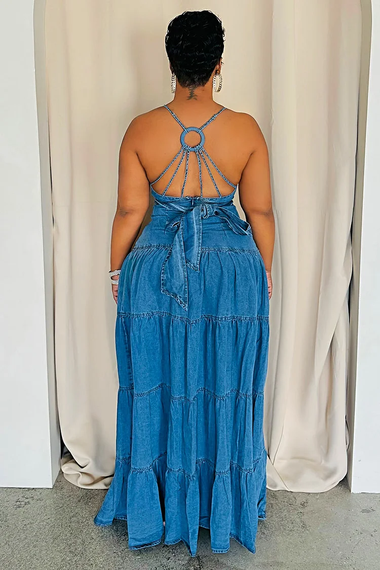 V Neck Tied Up Cinch Waist Quilted Denim Maxi Slip Dresses-Blue [Pre Order]