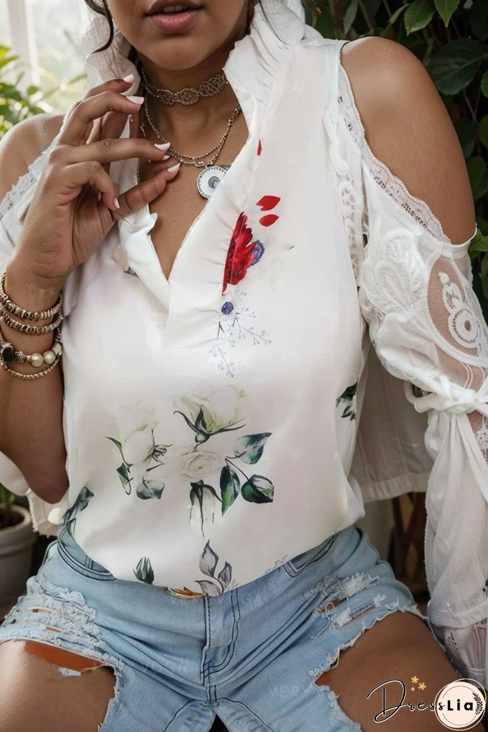 floral print off shoulder lace stitching long sleeves blouses