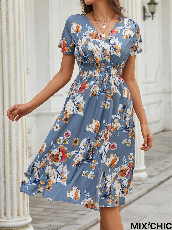 Women's European and American Vintage Print V-Neck Short Sleeve Waist Style Dress