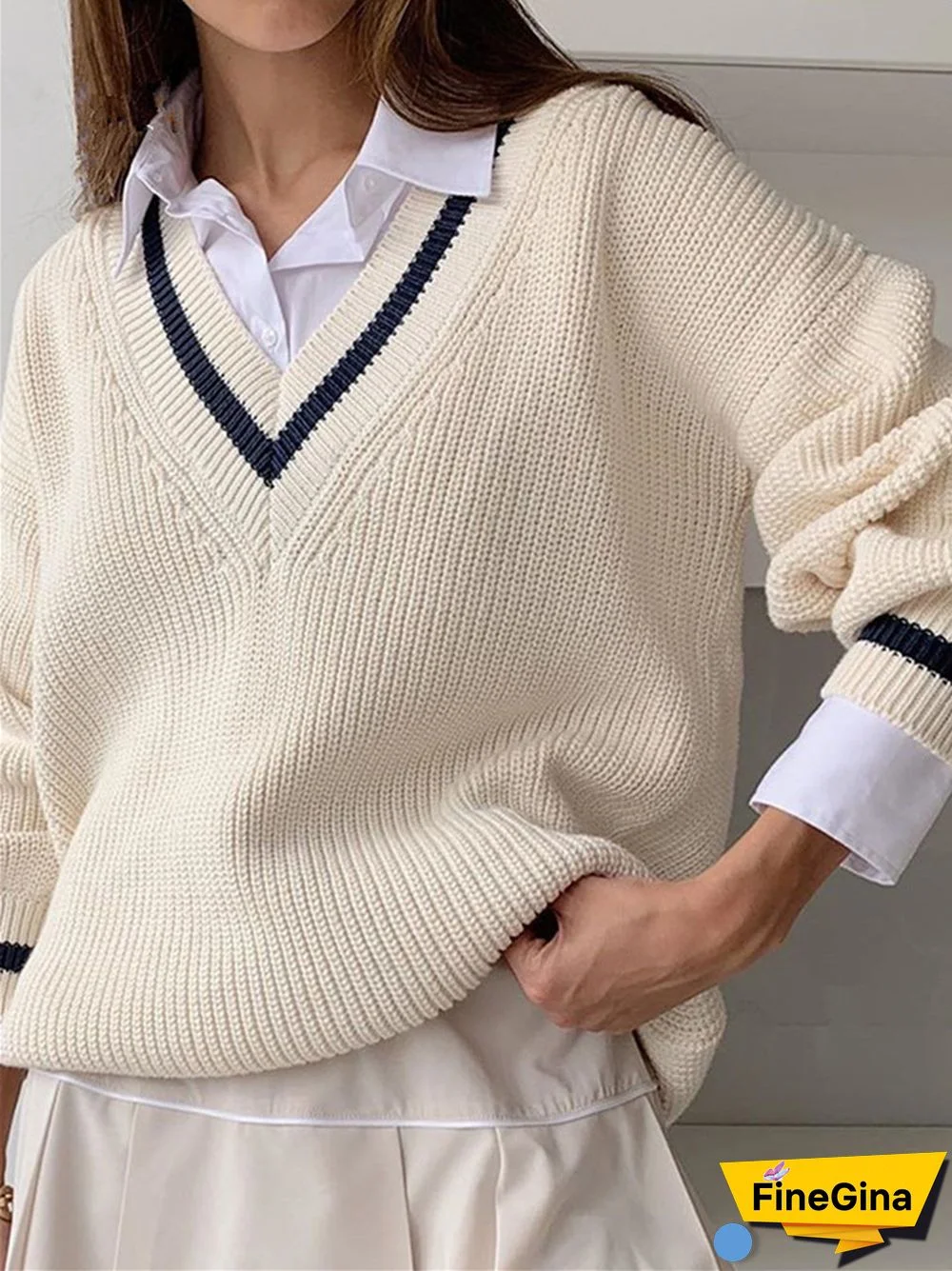 V-neck Casual Splice Contrast Loose Long Sleeve Sweater