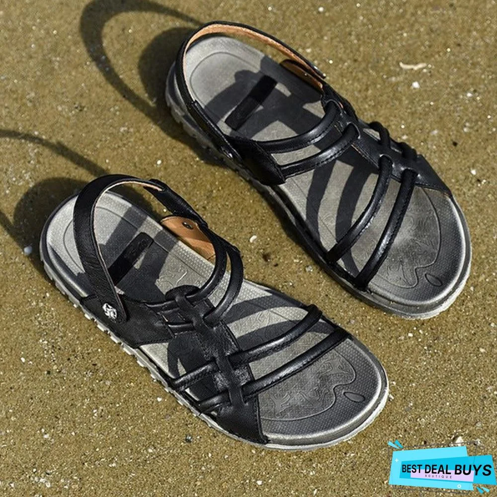 Men's Retro Genuine Leather Sandals Beach Non-Slip Slippers Shoes