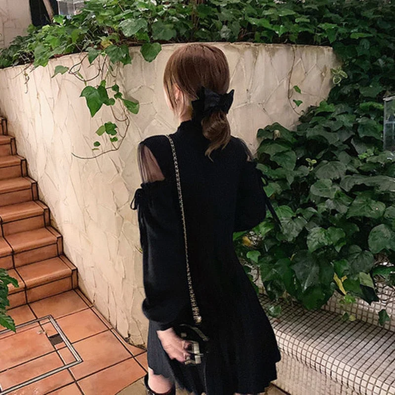 Autumn Winter New Half-Collar Mid-Length Knitted Dress Women Solid Sexy Mesh Stitching Off-Shoulder Long Sleeve Bow Dress 11735