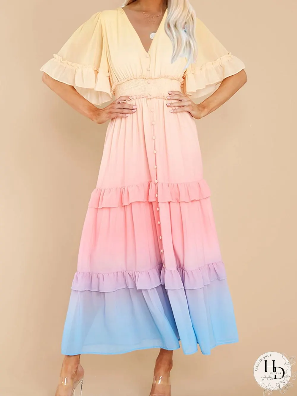 Ladies Fashion Gradient Rainbow Color Dress