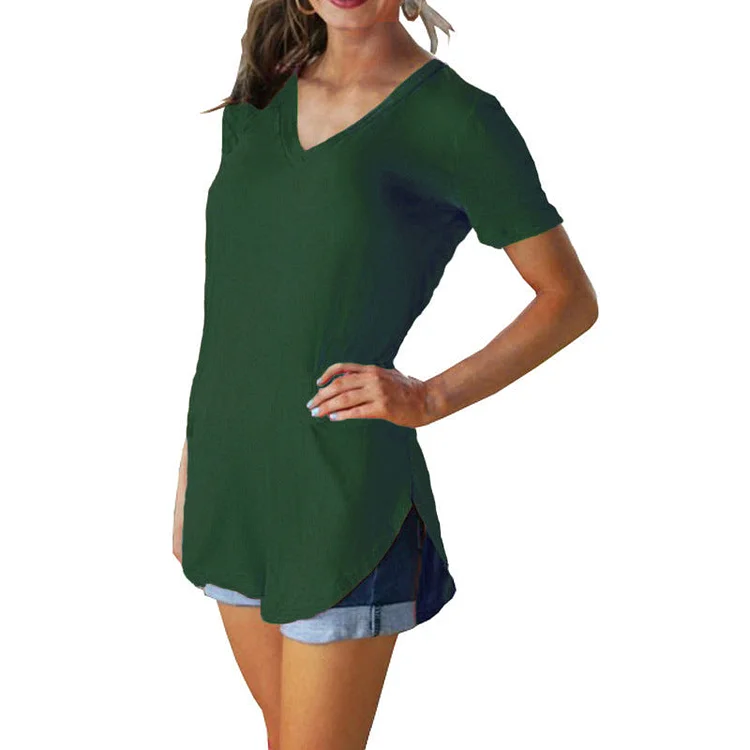 V-neck short-sleeved loose T-shirt hem large size solid color top women socialshop