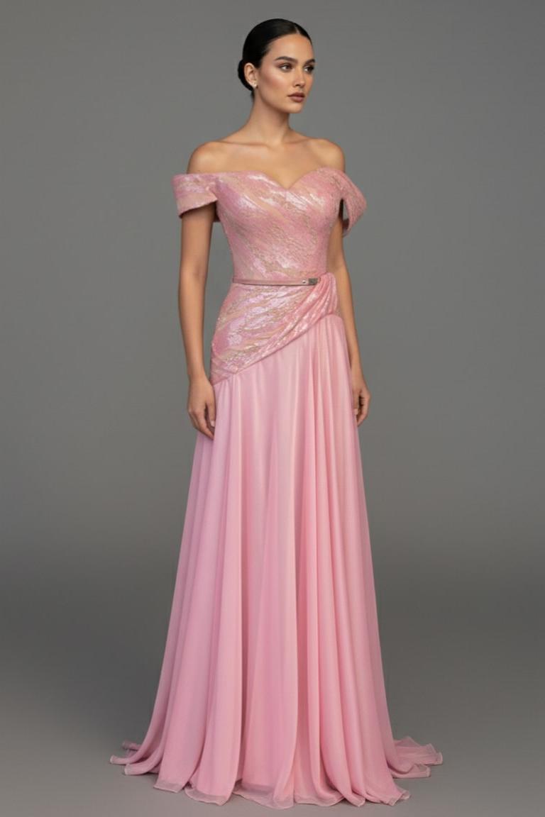 Lussooy Glamorous Chiffon Candy Pink Off the Shoulder Strapless Long Prom Dress with Belt
