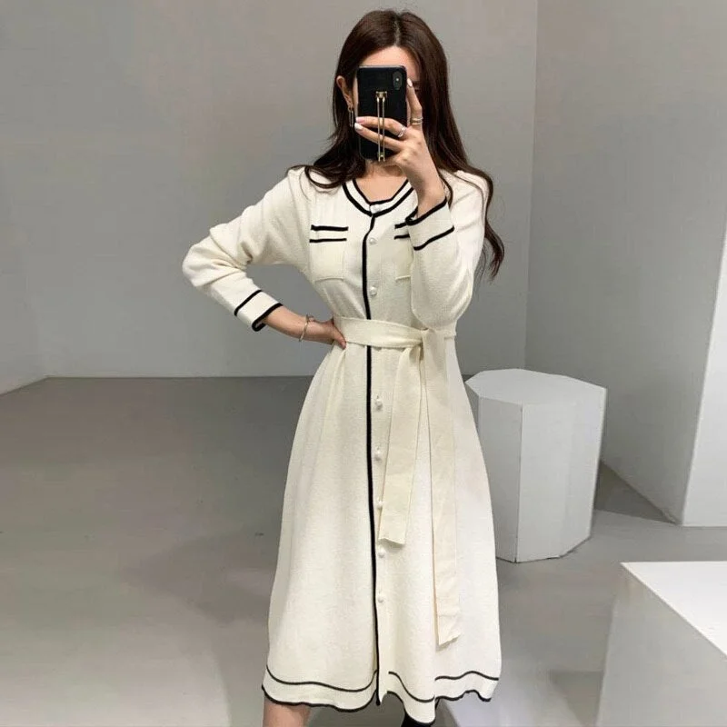 Suofun O-Neck Casual Belt Slim Long Sleeve Korean Style 2021 Fashion Women A-Line White Autumn Midi Spring Knitted Dress
