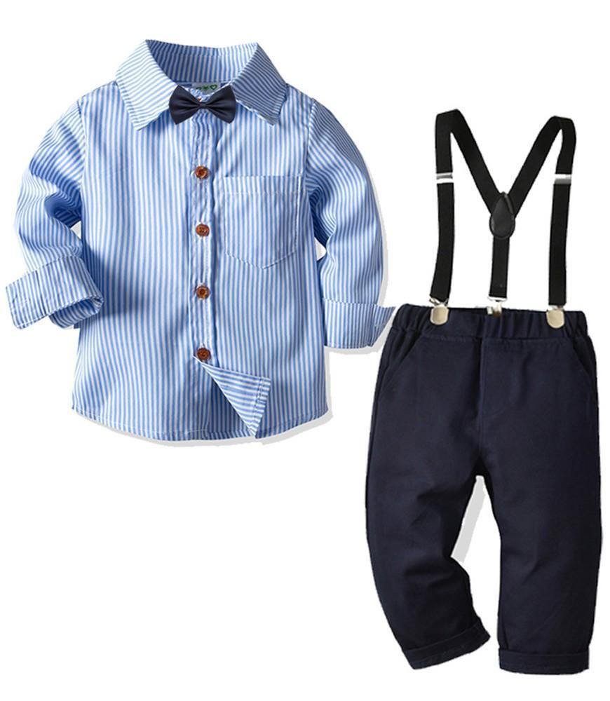 Buzzdaisy Blue Stripe Cotton Bow Tie Shirt And Suspender Pants Boys Outfit Set