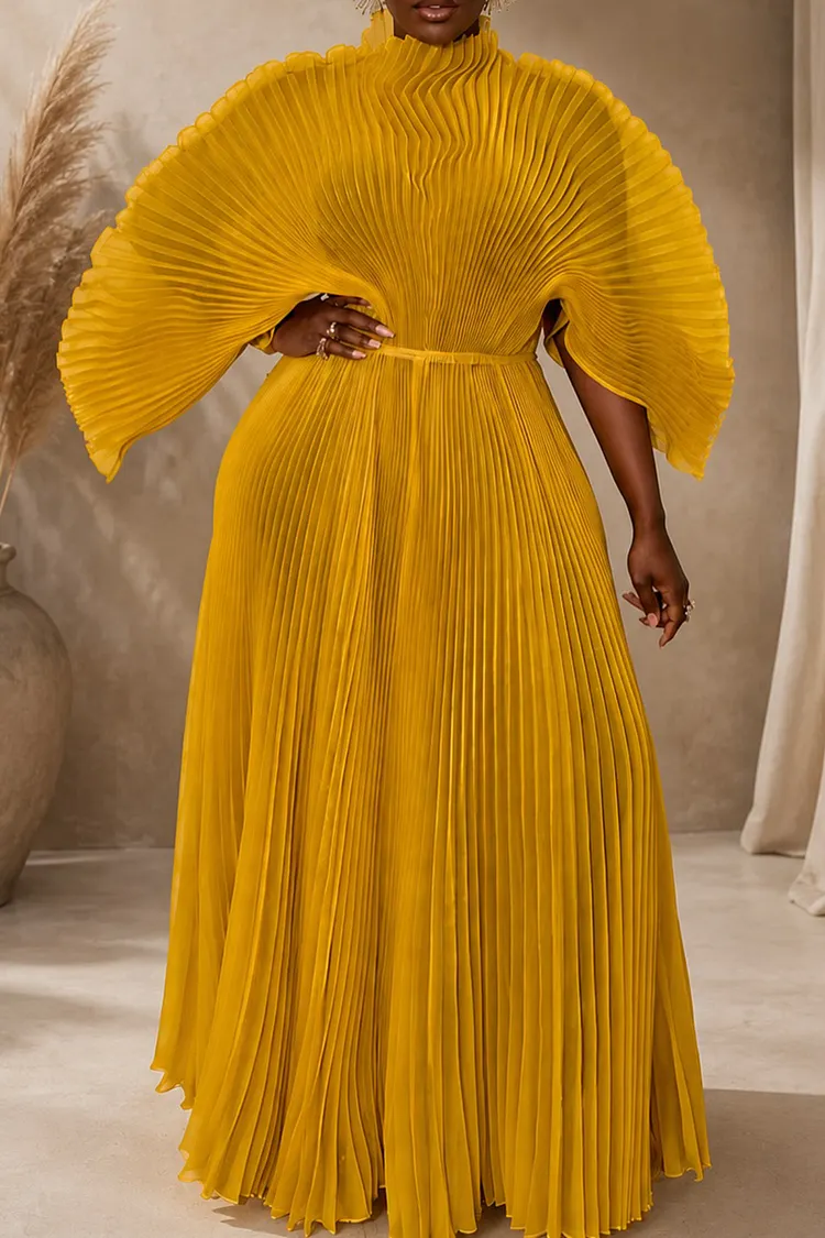 Plus Size Formal Gold Mock Neck Half Sleeve Pleated Maxi Dresses [Pre-Order] 2024 - Xpluswear