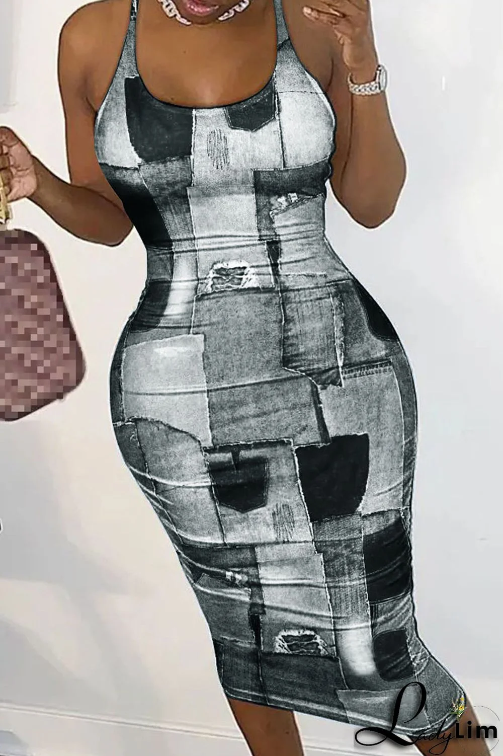 Dark Blue Sexy Print Patchwork Backless Spaghetti Strap Pencil Skirt Dresses