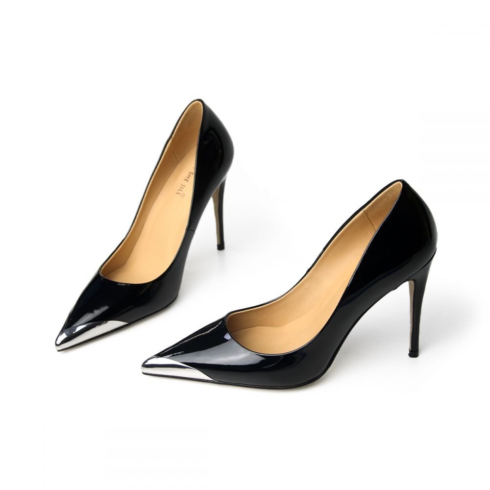 Black Heels 4 Inch Heels Silver Pointed Toe Heels Trendy Womens Shoes Nicepairs