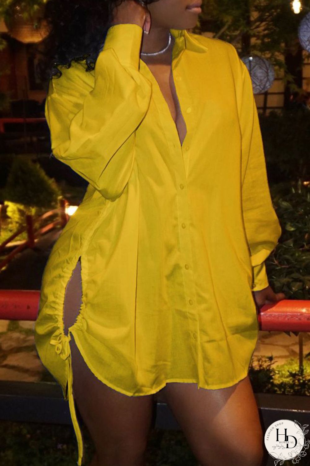 Yellow Fashion Casual Solid Bandage Hollowed Out Turndown Collar Shirt Dress