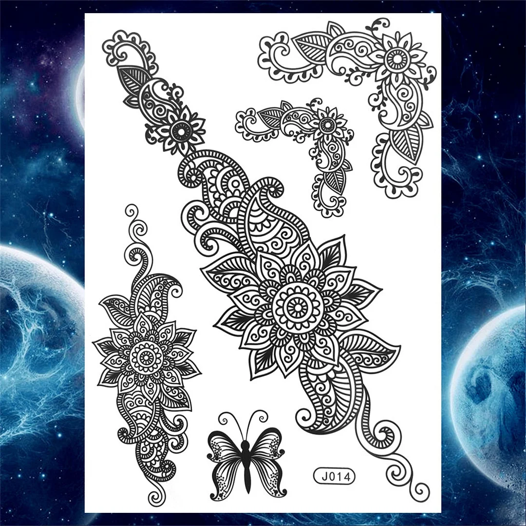 Lace Butterfly Temporary Tattoos For Women Girls Kids Tribal Black Henna Tattoo Sticker Mandala Flower Fake Jewelry Tatoos Adult