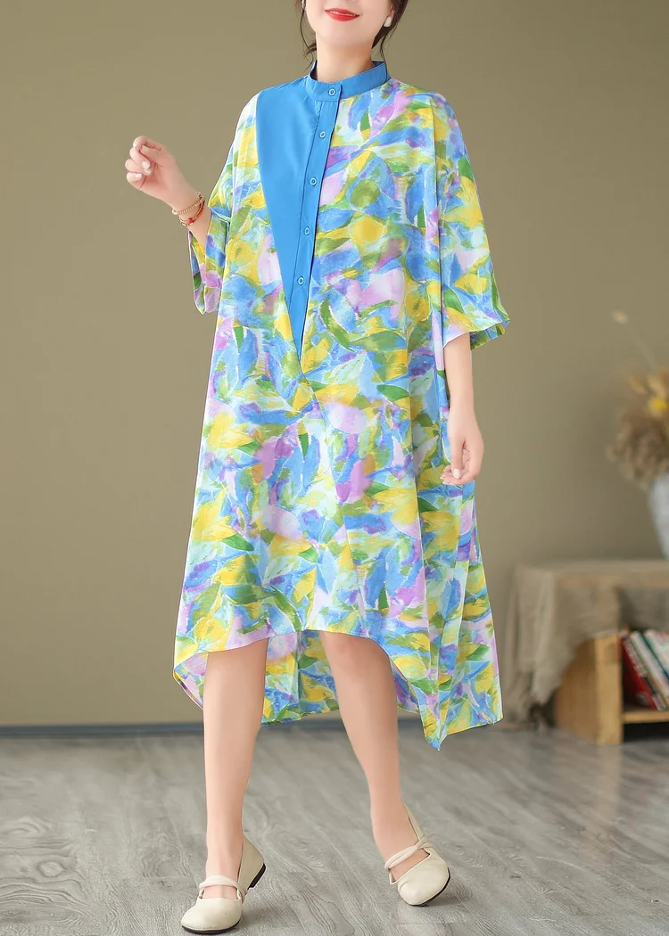 Blue Cotton Shirt Dresses Stand Collar Tie Dye Summer