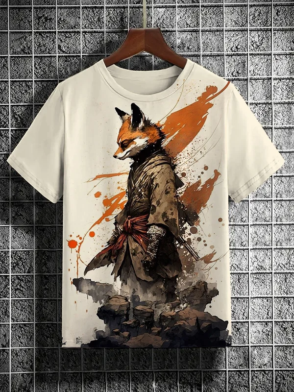 Men's Fox Warrior Watercolor Art Print Casual Short Sleeve T-Shirt