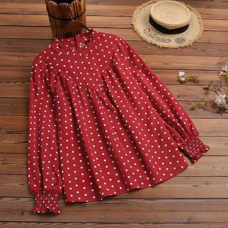 Spring Long Sleeve Ruffles Shirt ZANZEA Women Vintage Polka Dot Printed Blouse Female Elegant OL Blusas Casual Party Tops Tunic