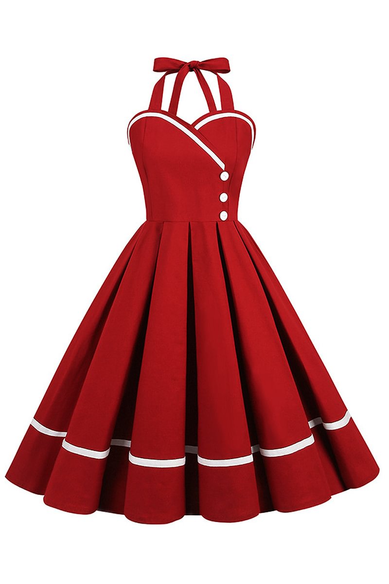 1950s Claret Retro Patchwork A-Line Puff Elegant Midi Dress