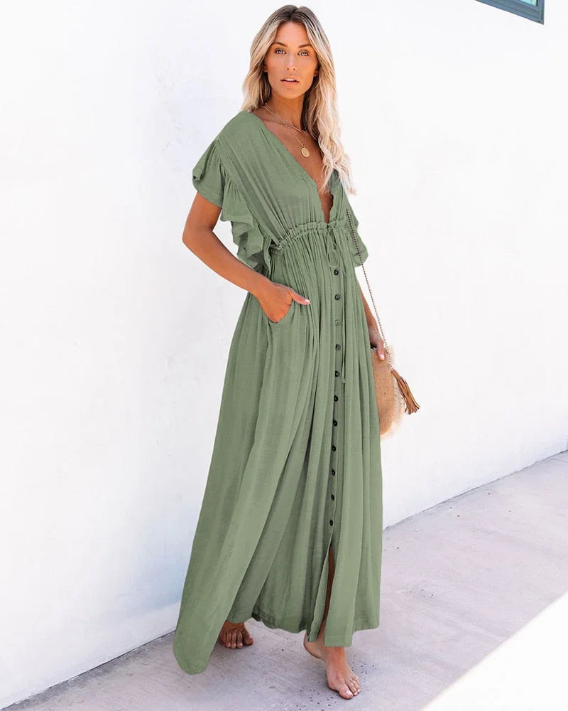 Fitshinling Bohemian Deep V Neck White Long Dress Backless Ruffles Button Up Pareos Beach Cover Up Holiday Sexy Slim Maxi Robe