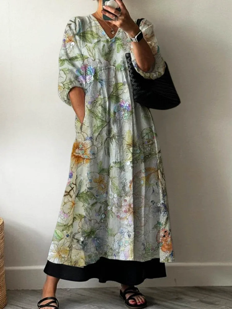 Women's Vintage Lovely Floral Art Print Pocket V-neck Cotton Dress