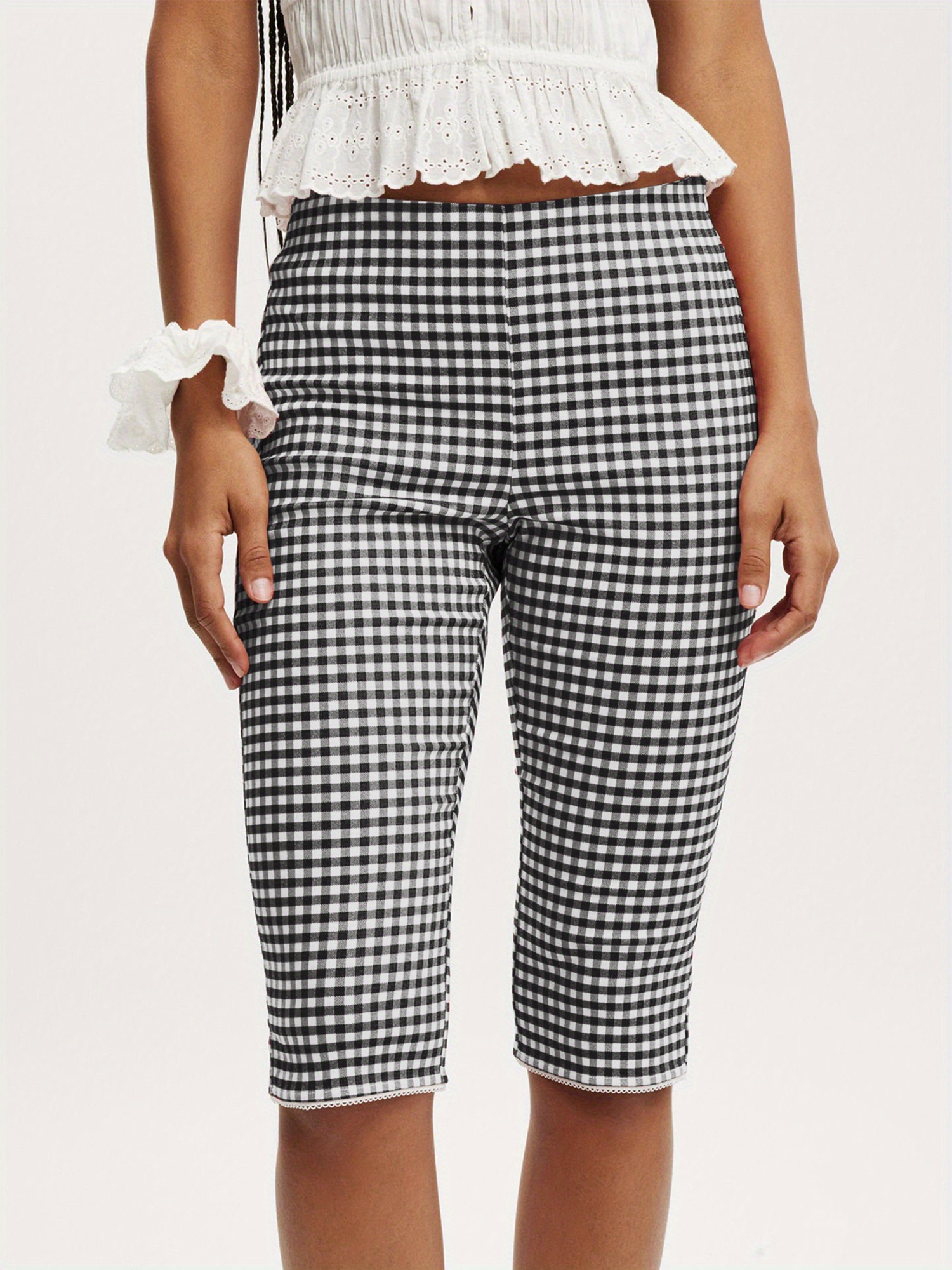 Womens Red White Plaid Capri Pants Mid-rise Side split knee-length casual legging | IFYHOME