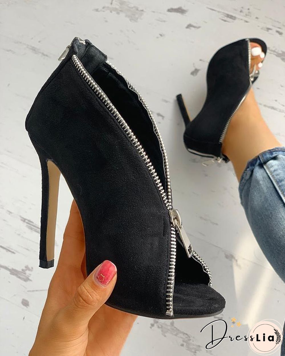 Suede Zipper Design Peep Toe Heeled Boots