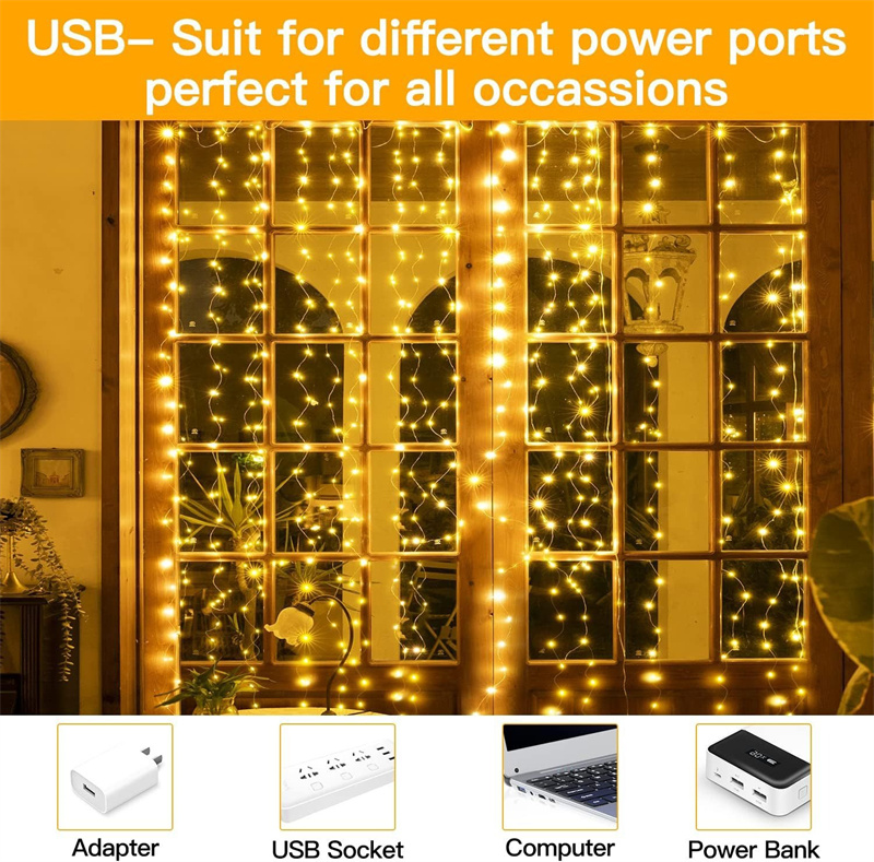 Tegooe USB Powered LED Curtain String Lights with Remote - 8 Modes