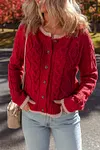 Women's Warm Red Round Neck Cable Knit Buttoned Cardigan Coat 