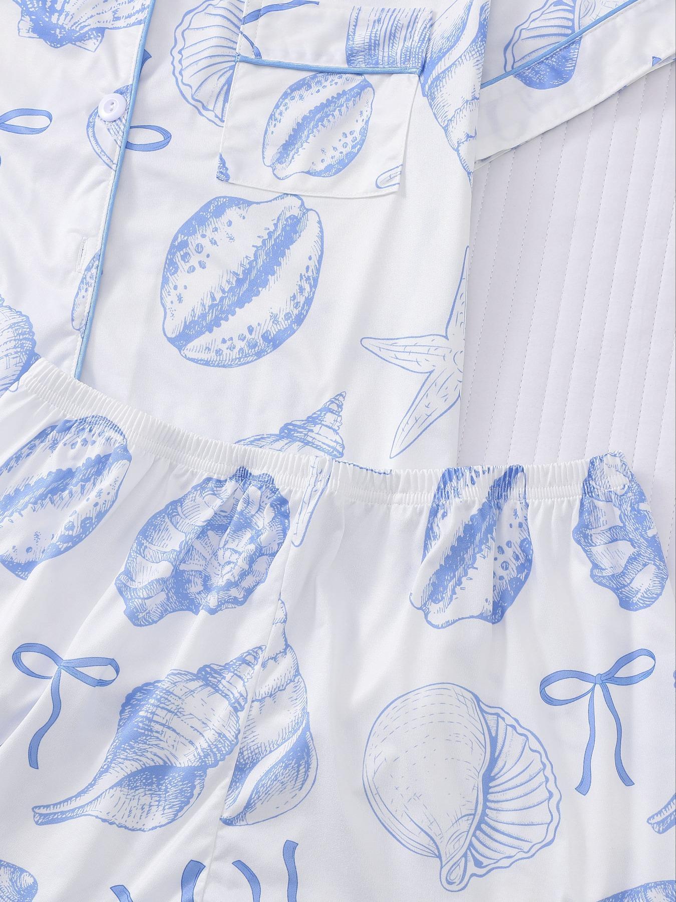 Women's All Over Print Button Front Top & Elastic Waist Shorts Pyjama Two-piece Set, Casual Comfy Short Sleeve Top & Shorts Pj Set, Ladies Sleepwear & Loungewear for All Seasons