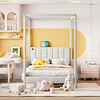 WOXYX Queen Size Linen Upholstery Canopy Platform Bed with Canvas Headboard and USB Type-C Ports & Storage Space,No Box Spring Needed, Noise-Free,Beige