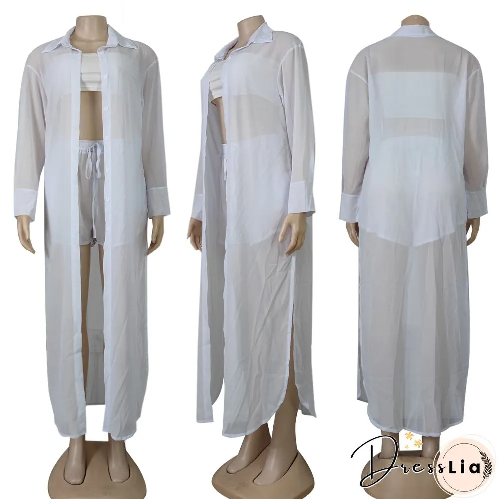 Long Sleeve Chiffon Shirt Dresses+Shorts Two Piece Set