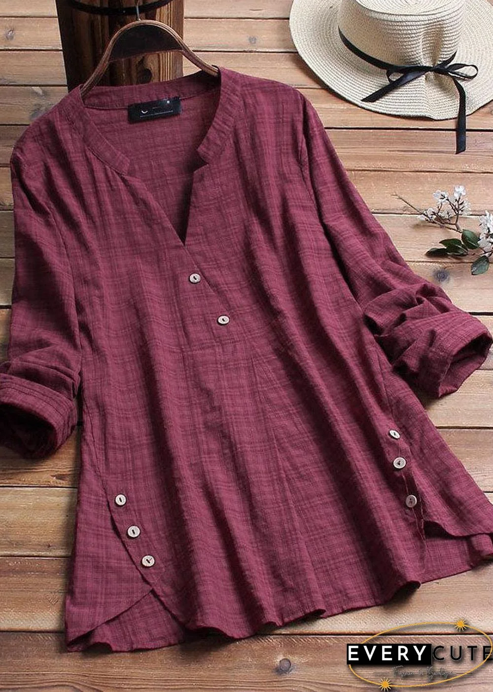 Vintage Plaid Side Button V-neck Long Sleeve Plus Size Shirt Blouse