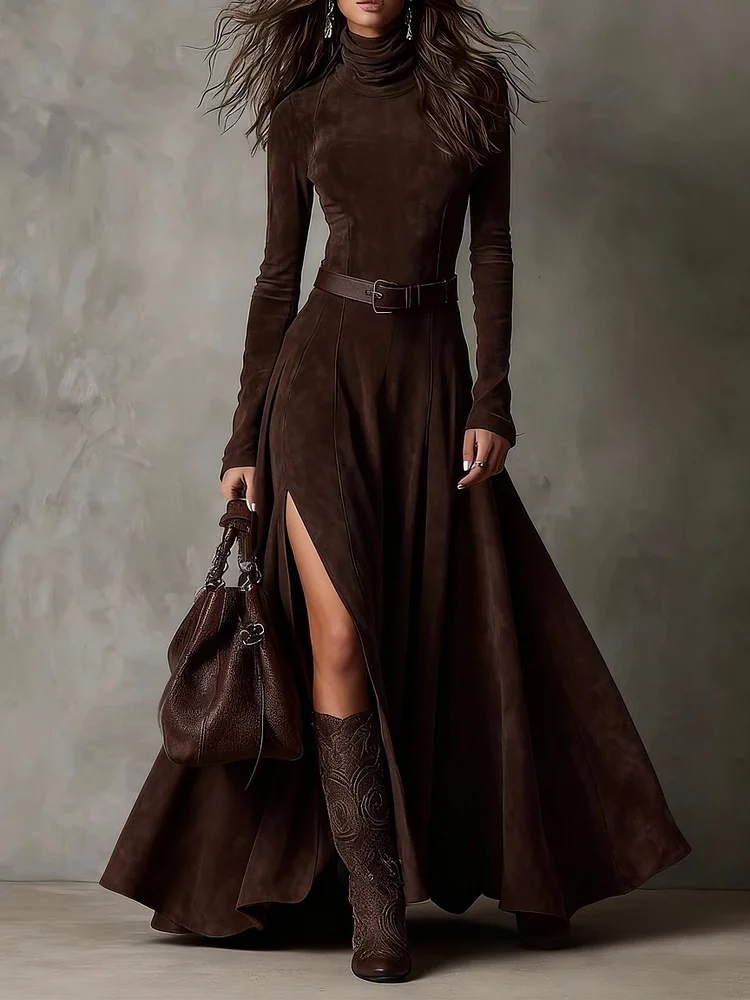 Dark Brown Faux Suede Turtleneck Long Sleeve Slit Maxi Dress（Including belt）