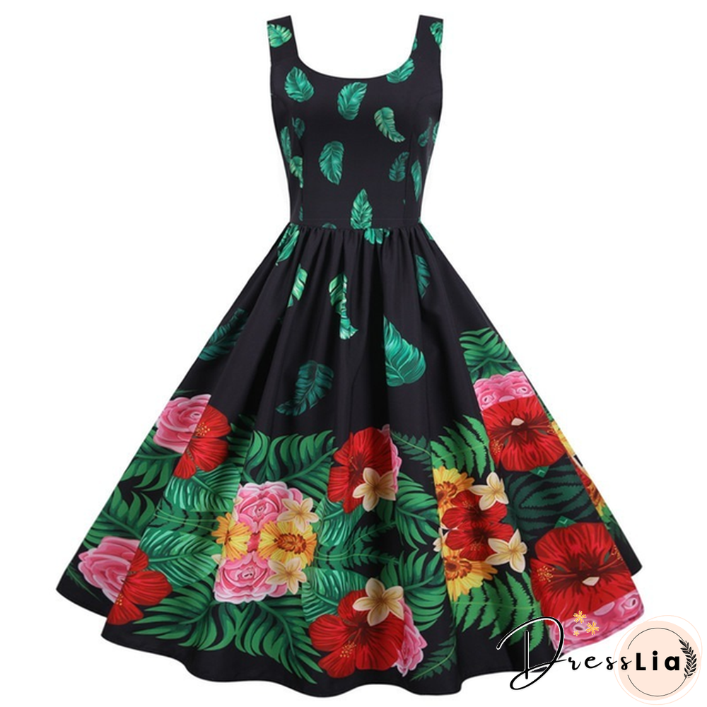 Sweet Heart Print Swing Vintage Women Summer Dress Sexy Halter Retro Rockabilly Rave Party